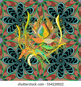 Vector illustration of floral seamless. Flower yellow, pink, purple , lilac, blue flowers and green leaves on a colorful background.