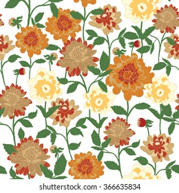 Vector illustration of floral seamless. Hand drawn isolated flowers with leafs.