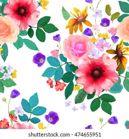 Vector illustration of floral seamless. Hand drawn beautiful colorful flowers.