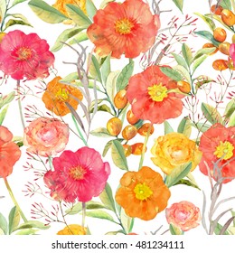 Vector illustration of floral seamless. Hand drawn beautiful colorful flowers in watercolor.