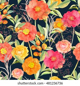 Vector illustration of floral seamless. Hand drawn beautiful colorful flowers in watercolor.