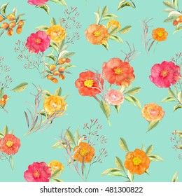 Vector illustration of floral seamless. Hand drawn beautiful colorful flowers in watercolor. Design for print, wallpaper, textile.