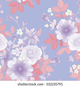 Vector illustration of floral seamless. Hand drawn beautiful flowers on lilac background.