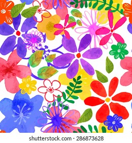 Vector illustration of floral seamless. Isolated yellow, pink, purple , lilac, blue flowers and green leaves on a white background, drawing watercolor