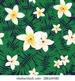 Vector illustration of floral seamless. Isolated white flowers and group green leaves on a blue background, drawing watercolor.