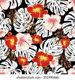 Vector illustration of floral seamless. Isolated flowers and leaves on a dark background.