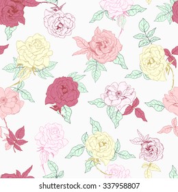 Vector illustration of floral seamless. Isolated red, yellow, pink roses and leaves on white background.