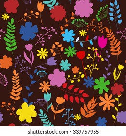 Vector illustration of floral seamless. Isolated colorful flowers and leaves on brown background.