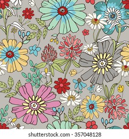 Vector illustration of floral seamless. Isolated flowers and leaves on gray background.