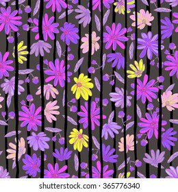 Vector illustration of floral seamless. Isolated flowers with black strips on a gray background.