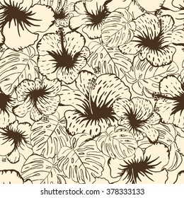 Vector illustration of floral seamless. Isolated tropical flowers and leaves on background.