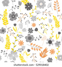 Vector illustration of floral seamless. Isolated colorful flowers and leaves on white background