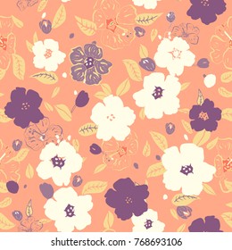 Vector illustration of floral seamless. Isolated white and lilac flowers and leaves on orange background.