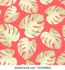 Vector illustration of floral seamless. Monstera leaves on a red background, drawn watercolor.
