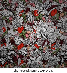 Vector illustration. Floral seamless pattern background, with strokes and splashes, summer flowers. Flowers on white, black and gray colors.