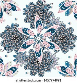 Vector illustration. Floral seamless pattern with watercolor flowers. In nice textile style on beige, blue and neutral colors.