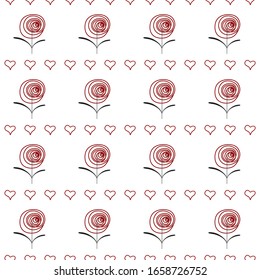  Ilustración vectorial. El diseño floral sin fisuras con flores rojas estilizadas y corazones pequeños sobre fondo blanco.