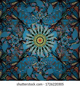Vector illustration. Floral seamless pattern background, with strokes and splashes, summer flowers. Flowers on neutral, black and blue colors.