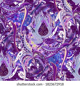 Ilustración vectorial. Patrón floral sin fisuras con flores acuarelas. En el estilo textil asiático en colores neutros, morados y violetas.