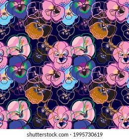 Vector illustration of floral seamless pattern. Pink, red, yellow, purple flowers on blue background. Drawing watercolor and line art illustration. Linear pansy print, texture.