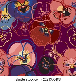 Vector illustration of floral seamless pattern. Blue, red, yellow, purple flowers on a purple background. Drawing watercolor and line art illustration. Linear pansy print, texture.