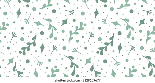 Vector illustration. Floral seamless pattern in green colors isolated on white. Hand drawn simple doodle clipart. Perfect for cards, textile, gift wrapping, fabric, texture. Spring and summer theme.