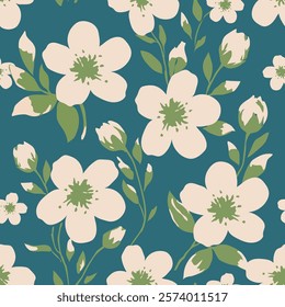Vector illustration of a floral seamless pattern of creamy white and green leaves on a dark blue background. Calm, simple and classic. For design, nature, card, fabric, print, wallpaper, decoration.