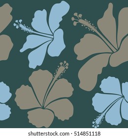 Vector illustration. Floral vector seamless pattern. Tropical floral seamless pattern with blue and beige hibiscus flowers.
