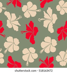 Vector illustration. Floral vector seamless pattern. Tropical floral seamless pattern with neutral, beige and red hibiscus flowers.