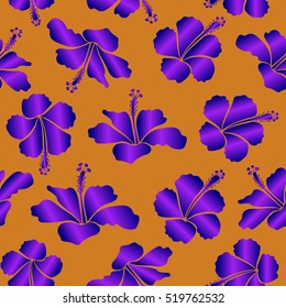Vector illustration. Floral vector seamless pattern. Tropical floral seamless pattern with violet, blue and orange hibiscus flowers.
