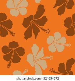 Vector illustration. Floral vector seamless pattern. Tropical floral seamless pattern with orange, brown and beige hibiscus flowers.
