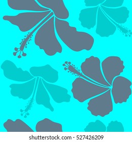 Vector illustration. Floral vector seamless pattern. Tropical floral seamless pattern with neutral and blue hibiscus flowers.