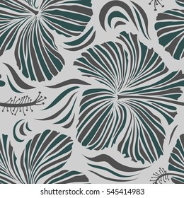 Vector illustration. Floral vector seamless pattern. Tropical floral seamless pattern with gray and blue hibiscus flowers.