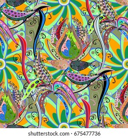 Vector illustration. Floral seamless pattern background, with strokes and splashes, summer flowers. Flowers on colorful background.