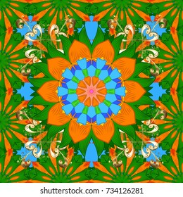 Vector illustration. Floral seamless pattern background, with strokes and splashes, summer flowers. Flowers on green, orange and blue colors.