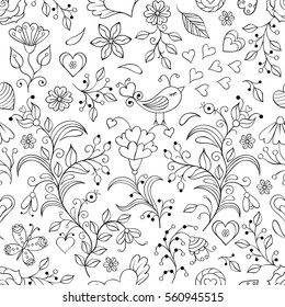 Vector illustration of floral seamless pattern.Coloring page for children and adult.