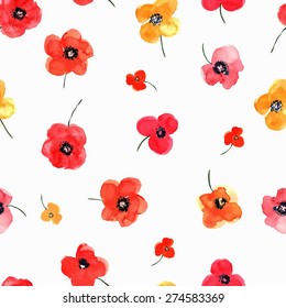 Vector illustration of floral seamless. Red and yellow isolated poppies on a white background, drawing watercolor.