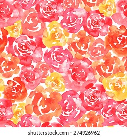 Vector illustration of floral seamless. Red and yellow isolated roses on a white background, drawing watercolor.
