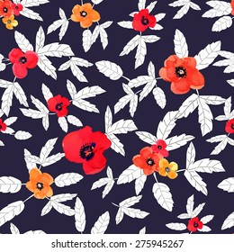 Vector illustration of floral seamless. Red and yellow isolated flowers, white foliage on a dark blue background. Flowers drawing watercolor.