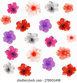 Vector illustration of floral seamless. Red, pink, purple, black and white isolated tropical flowers, drawing watercolor on the white background.