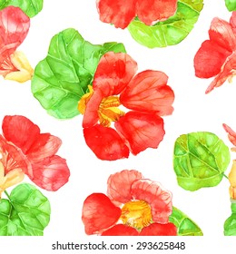 Vector illustration of floral seamless. Red isolated flowers and green leaves on a white background, drawing watercolor.