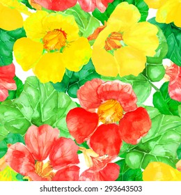 Vector illustration of floral seamless. Red and yellow isolated flowers and green leaves on a white background, drawing watercolor.