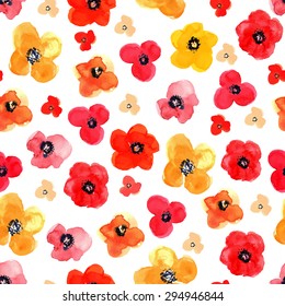 Vector illustration of floral seamless. Red and yellow isolated poppies on a white background, drawing watercolor.