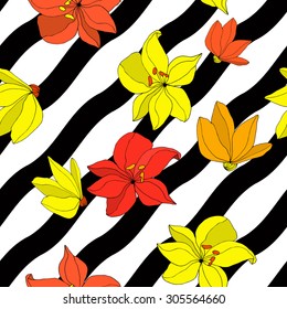 Vector illustration of floral seamless. Red, orange, yellow isolated flowers, hand drawn on the black and white geometric background.
