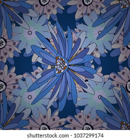 Vector illustration. Floral seamless texture. Elements to create design patterns, ornament, backgrounds, wallpaper, textiles. Beautiful bright abstract decorative black, blue and violet flowers.