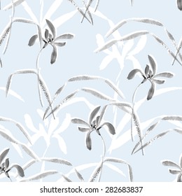 Vector illustration of floral seamless texture in sumi-e technique