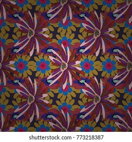 Vector illustration. Floral seamless texture. Elements to create design patterns, ornament, backgrounds, wallpaper, textiles. Beautiful bright abstract decorative yellow, red and blue flowers.