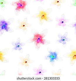 Vector illustration of floral seamless. White tropical flowers with colorful middle, isolated, drawing watercolor on the white background