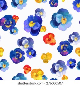 Vector illustration of floral seamless.Blue, red and yellow flowers on a white background, drawing watercolor.