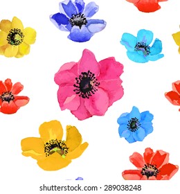 Vector illustration of floral seamless.Blue, red and yellow flowers on a white background, drawing watercolor.